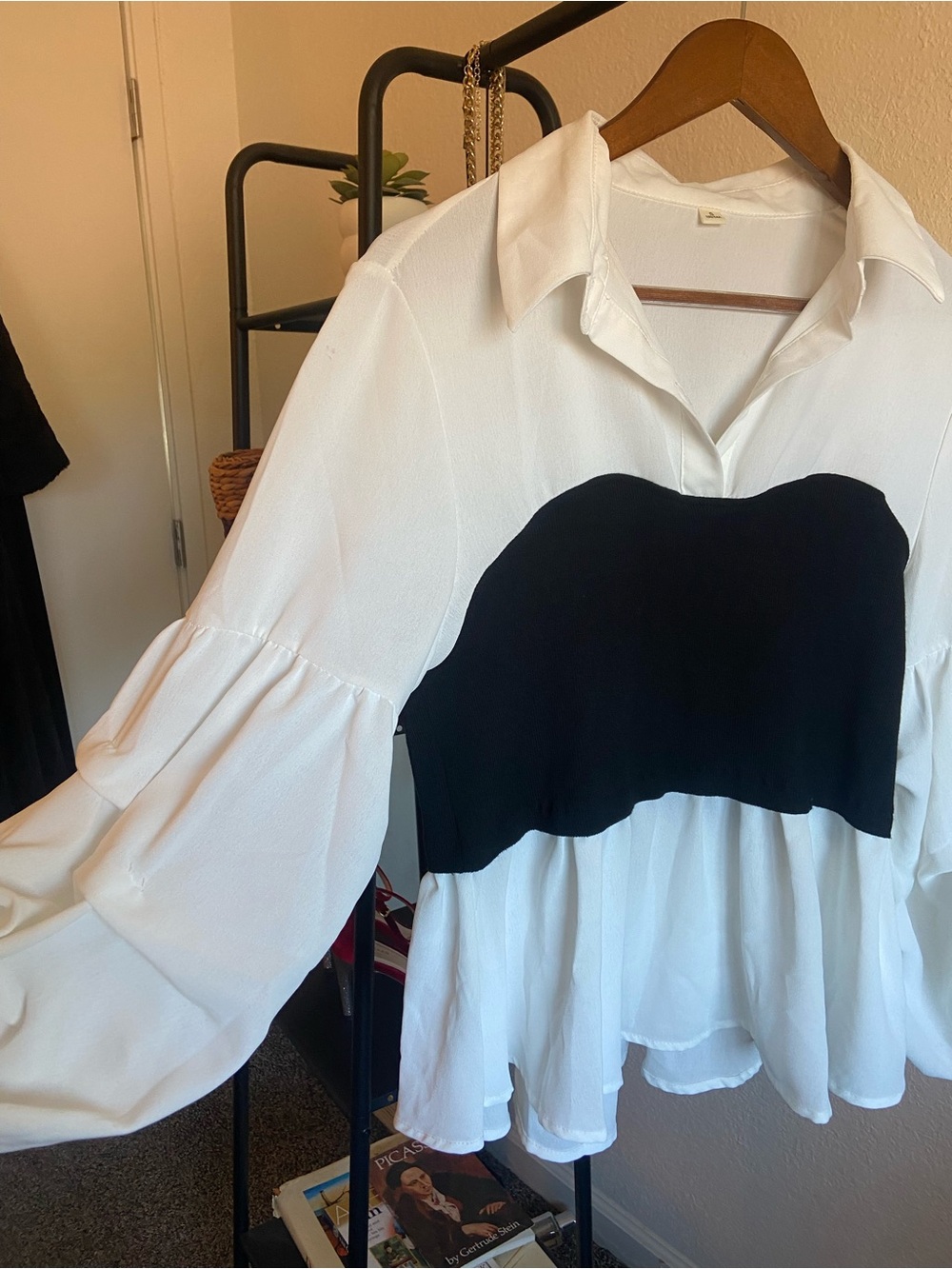 White Puff Sleeve Blouse with Black Bustier Layer